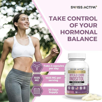 Swiss Activa+ Myo Inositol Supplement & D-Chiro Inositol Supplement - Premium Hormone Balance for Women & PCOS Supplements - Regulate Menstrual Cycle - Ovarian Support - 30 Days Supply
