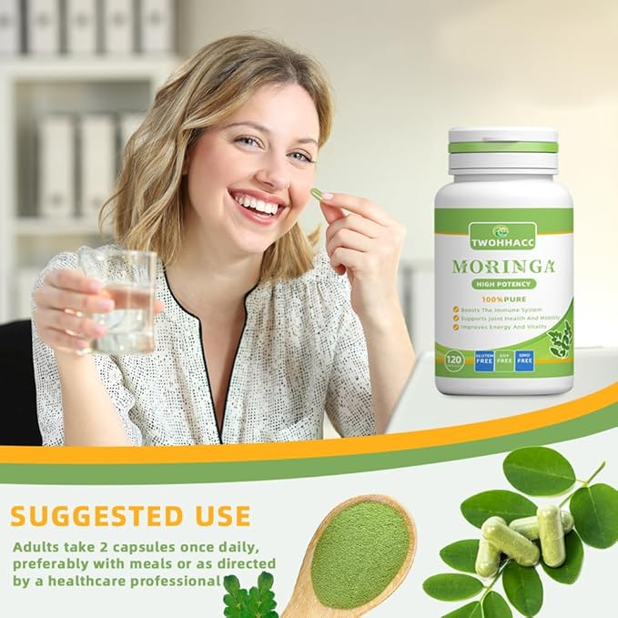 Pure Moringa Powder Capsules Organic Moringa Leaf Green Superfood Supports Energy Immunity Skin Gut and Joint Health Gluten Free Supplement 120ct