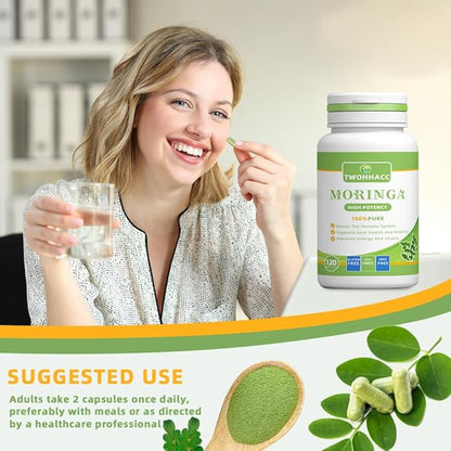 Pure Moringa Powder Capsules Organic Moringa Leaf Green Superfood Supports Energy Immunity Skin Gut and Joint Health Gluten Free Supplement 120ct