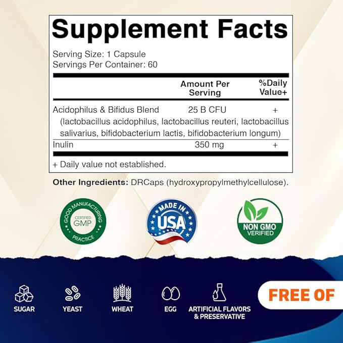 Vitamatic Acidophilus Bifidus 25 Billion DR Capsule - 60 Count - Digestive Support - Made with Prebiotic Inulin Fiber