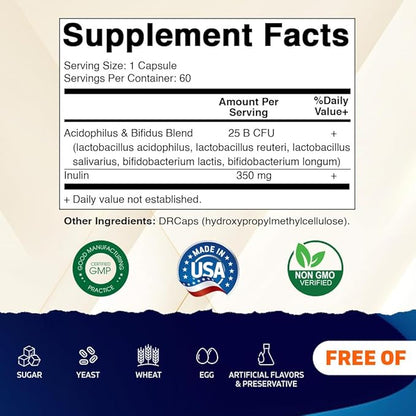 Vitamatic Acidophilus Bifidus 25 Billion DR Capsule - 60 Count - Digestive Support - Made with Prebiotic Inulin Fiber