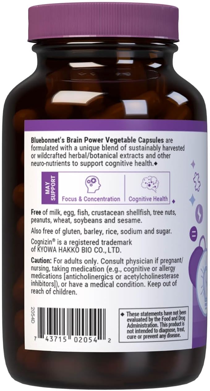 Bluebonnet Nutrition BrainPower – Whole Food-Based Nootropic Blend - for Brain Health*- Non-GMO, Vegan - Free of Gluten, Dairy, Soy & Stimulants - 60 Vegetable Capsules, 30 Servings