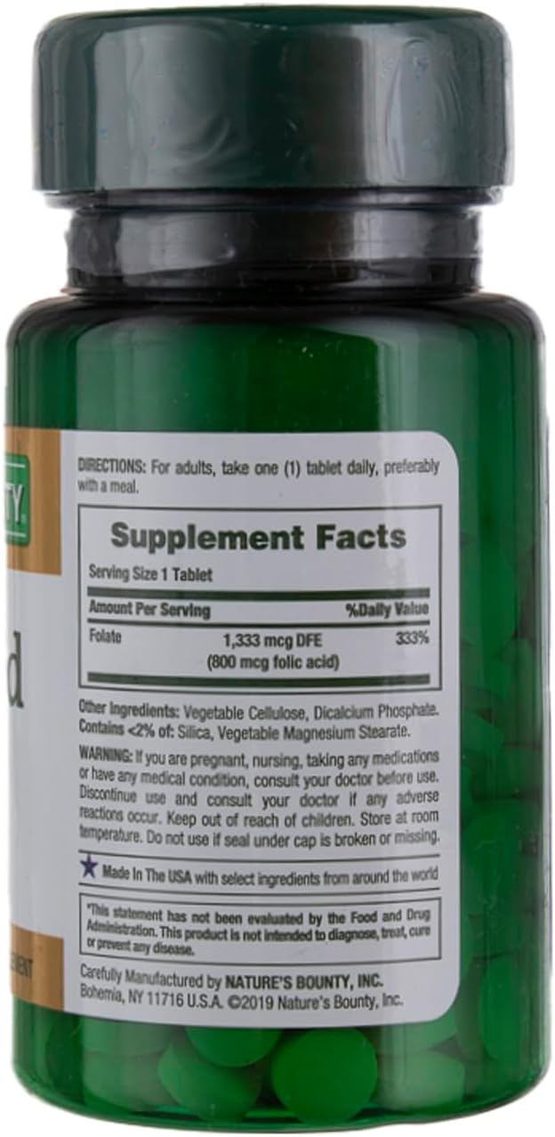 Nature's Bounty Folic Acid, 800 mcg Tablets, 250 ct