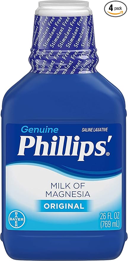 Phillips' Milk of Magnesia Overnight Relief of Occasional Constipation Liquid Laxative - Original Flavor- 26 Fl Oz Bottle, Pack of 4