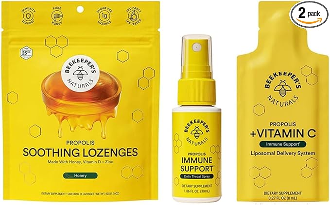Beekeeper's Naturals Immune Support Kit | Propolis Throat Spray - Honey Cough Drops - Vitamin C Liposomal | Effective & Natural Sore Throat Relief