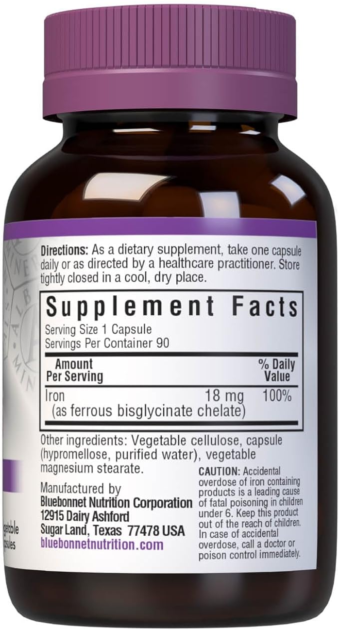 Bluebonnet Nutrition Chelated Iron 18 mg - non-constipating Iron - Soy-Free, Gluten-Free, Non-GMO, Kosher Certified, Dairy-Free, Vegan - 90 Vegetable Capsules, 90 Servings