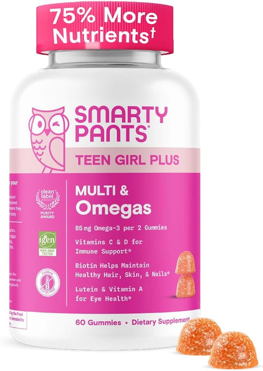 SmartyPants Teen Girl Multivitamin Gummies - Improved Formula: Omega 3 (DHA/EPA), Vitamin C, D3, B12, Vitamin A, K & Zinc, Biotin to Support Hair, Skin & Nails, Gluten Free, 60 Count (30 Day Supply)