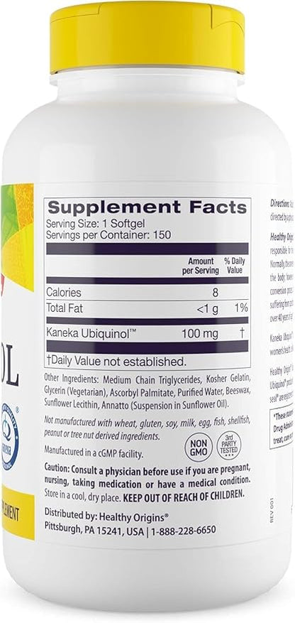 Healthy Origins Ubiquinol 100 mg (Kaneka QH, Non-GMO, Gluten Free, Heart Support, Energy Support), 150 Softgels