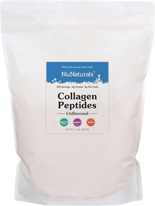 NuNaturals Collagen Peptides Powder (Type I, III), for Skin, Hair, Nail, and Joint Health, 5 lbs