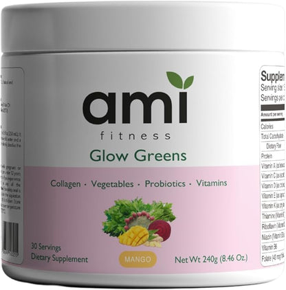 Glow Greens Powder, Collagen with Probiotics, Vitamins, Digestive Enzymes, Superfoods, Gut Health, Bloating Relief, Radiant Skin, Natural Glow, Spirulina, Juice Mix, 30 SVG, Mango