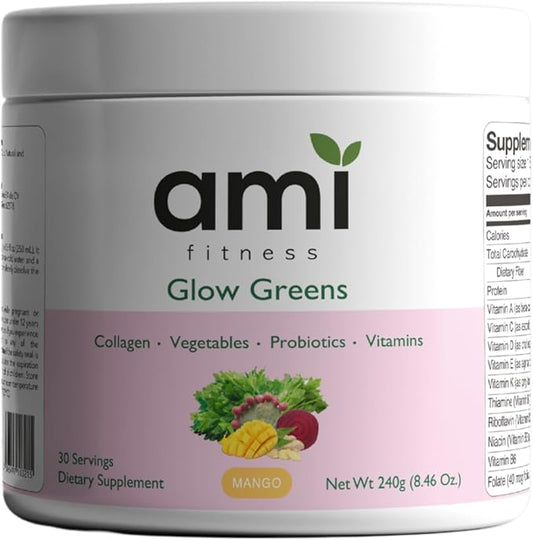 Glow Greens Powder, Collagen with Probiotics, Vitamins, Digestive Enzymes, Superfoods, Gut Health, Bloating Relief, Radiant Skin, Natural Glow, Spirulina, Juice Mix, 30 SVG, Mango