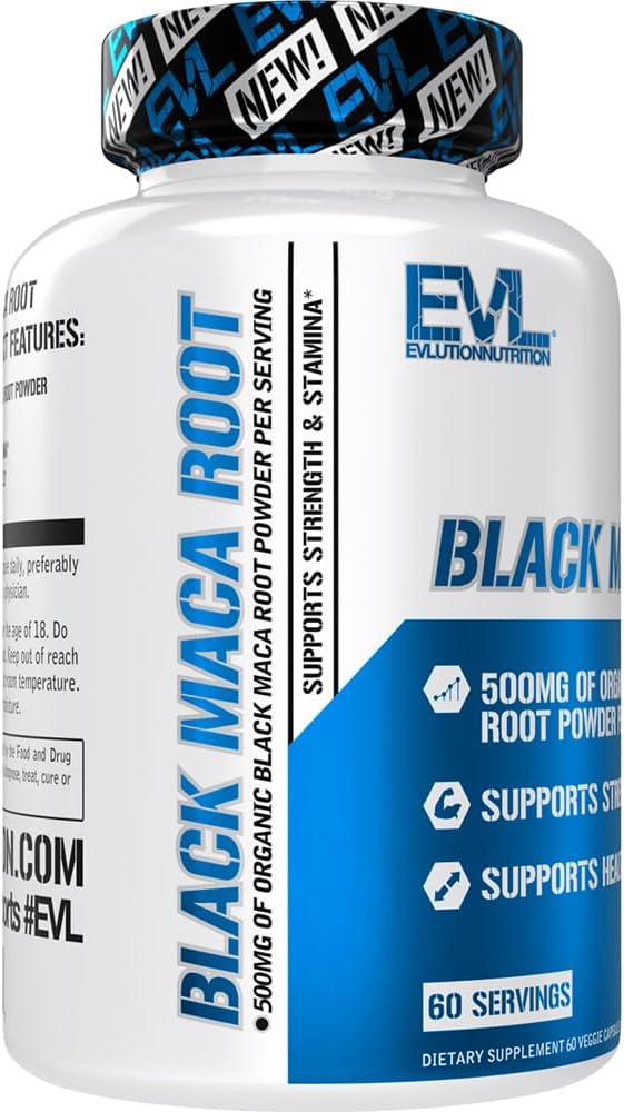 Evlution Nutrition Black Maca Root - Energy Support - 500mg Organic Black Maca Root Powder - Workout Supplement - Vegetarian Capsules - for Strength Performance & Stamina - 60 Servings