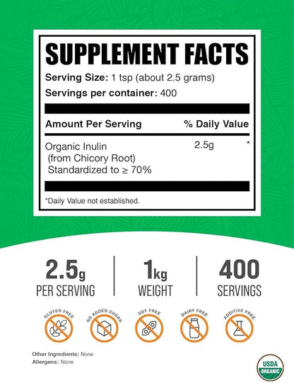 BulkSupplements.com Organic Inulin Powder - Inulin Supplement, Soluble Fiber Powder - Vegan & Gluten Free, Inulin Fiber - 2.5g per Serving, 1kg (2.2 lbs) (Pack of 1)
