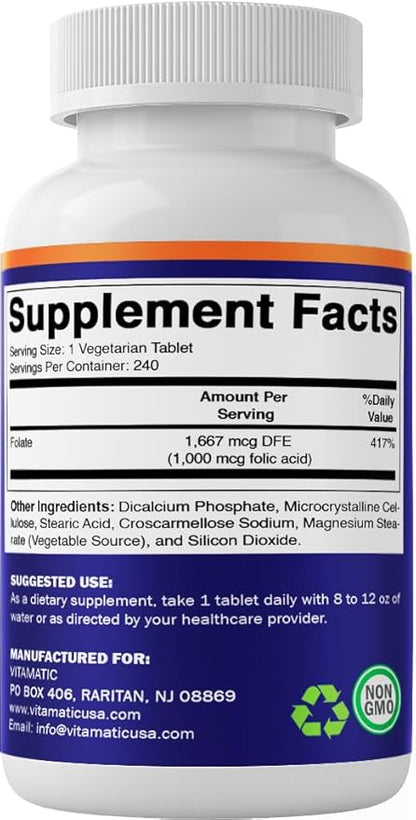 Vitamatic Folic Acid 1000 mcg (1 mg) – 240 Vegetarian Tablets (Pack of 2) 1667 mcg DFE – Vitamin B9 for Prenatal, Heart & Cellular Health