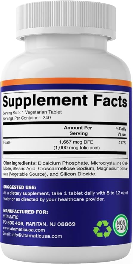 Vitamatic Folic Acid 1000 mcg (1 mg) – 240 Vegetarian Tablets (Pack of 2) 1667 mcg DFE – Vitamin B9 for Prenatal, Heart & Cellular Health