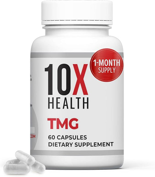 10X Health TMG Supplements - Trimethylglycine Supplement for Liver Support, Heart Wellness, Energy, Homocysteine Levels - TMG Capsules with Betaine Anhydrous - Non-GMO & Gluten-Free - 60 Capsules