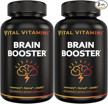 Vital Vitamins Brain Supplements for Memory and Focus (2-Pack)– Nootropic Brain Booster with Ginkgo Biloba, Rhodiola, B12 – Caffeine-Free Support for Adults & Seniors – 60-Day Supply