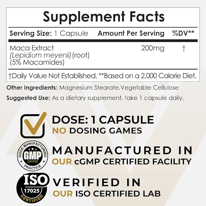 Maca Extract Capsules | 5% Macamides | Lepidium meyenii | Mood, Energy, and Vitality | 60 Count
