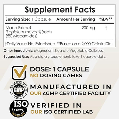 Maca Extract Capsules | 5% Macamides | Lepidium meyenii | Mood, Energy, and Vitality | 60 Count