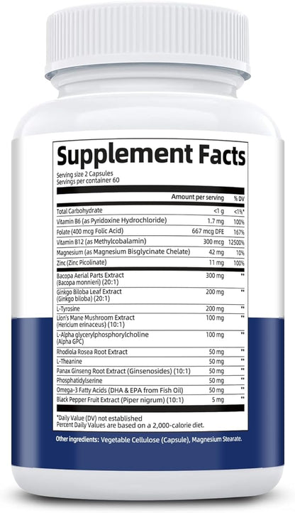 2-Pack Brain Supplements for Memory & Focus | Nootropic with Bacopa, Lion's Mane, Alpha GPC | Mental Clarity & Cognitive Support | Vitamin B6 & B12 – 240 Caps (120/Bottle)