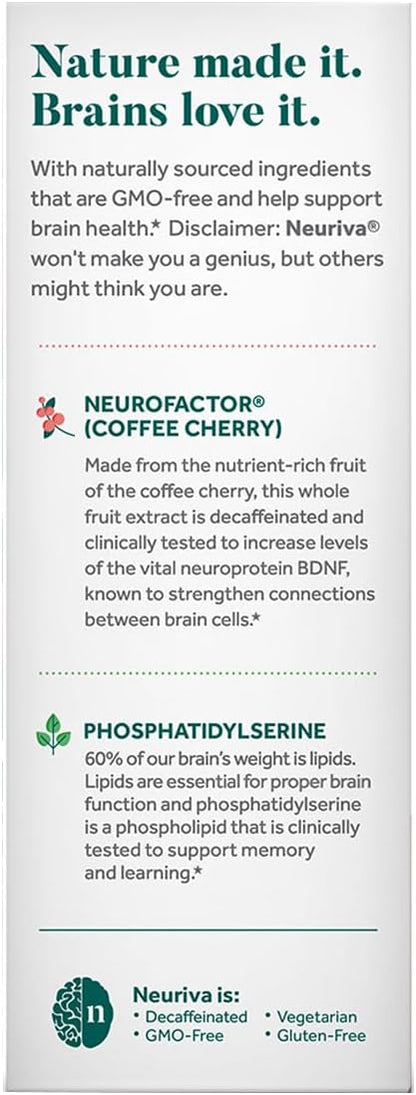 NEURIVA Original Brain Supplement for Memory, Focus & Concentration + Learning & Accuracy with Clinically Tested Nootropics Phosphatidylserine and Neurofactor, Caffeine Free, 30 Capsules (2 Pack)