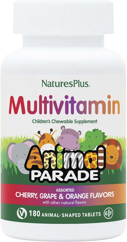 Natures Plus Animal Parade Children's Chewable Multivitamin - 180 Animal-Shaped Tablets - Natural Assorted Flavors - Vegetarian, Gluten Free - 90 Servings