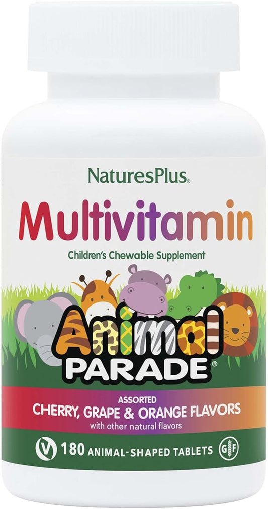 Natures Plus Animal Parade Children's Chewable Multivitamin - 180 Animal-Shaped Tablets - Natural Assorted Flavors - Vegetarian, Gluten Free - 90 Servings