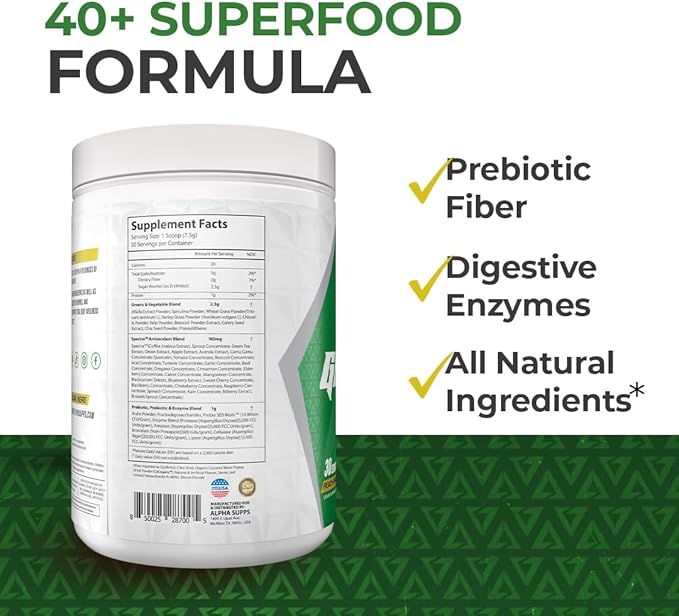 Alpha Greens Supplement | Fruit & Vegetable Superfood Powder | Over 40 Natural Plant Based Ingredients | Prebiotic & Probiotic Digestive Support Blend - 30 Servings (Pineapple)