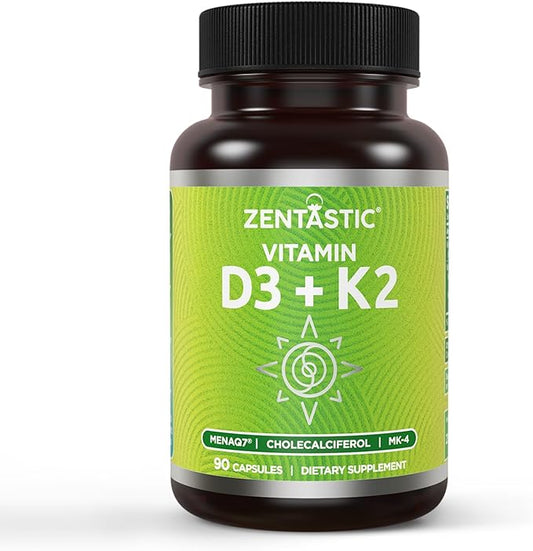 Zentastic Vitamin D3 K2, 5000IU & 200mcg, Vitamin D & Patented MK7 & MK4 for 3-in-1 Complex Support - Vegetarian, Non-GMO, 90 Caps