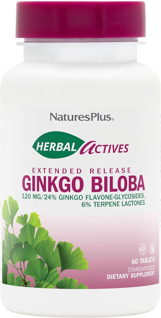 Natures Plus Herbal Actives Ginkgo Biloba, Extended Release - 120 mg, 60 Vegan Tablets - Vegetarian, Gluten-Free - 60 Servings
