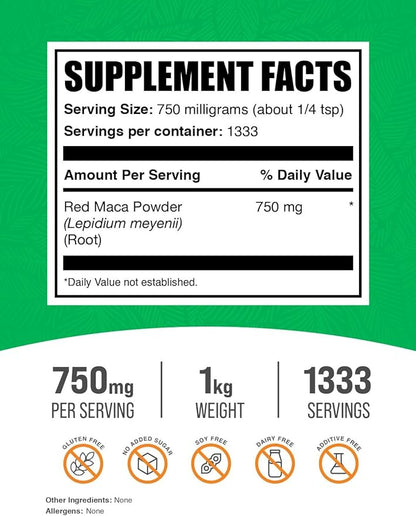 BulkSupplements.com Red Maca Powder - Maca Supplement. Red Maca Powder for Women & Men, Red Maca Root Powder - Vegan & Gluten Free, 750mg per Serving, 1kg (2.2 lbs) (Pack of 1)