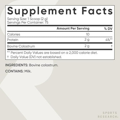 Sports Research® Bovine Colostrum Powder – Easy to Mix, Single Ingredient Superfood – Immunity Support & Gut Health w/IgG Antibodies - U.S. Sourced · Non-GMO · Gluten Free - 75 Servings (Unflavored)