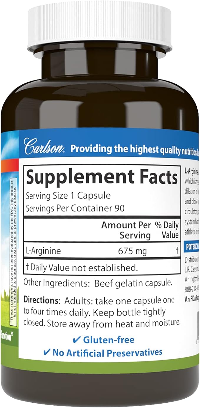 Carlson - L-Arginine, 675 mg, Promotes Healthy Circulatory & Cardiovascular System, 90 capsules