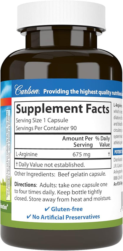 Carlson - L-Arginine, 675 mg, Promotes Healthy Circulatory & Cardiovascular System, 90 capsules