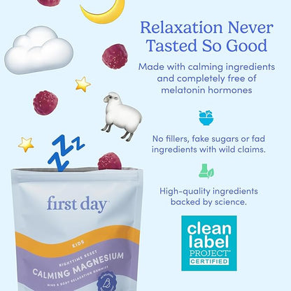 FIRST DAY Magnesium for Kids Gummies – Calm Kids Magnesium Citrate Gummies to Support Sleep & Relaxation – Bedtime Supplement with Suntheanine® L-Theanine, NO Melatonin - Strawberry - 30-Day Supply