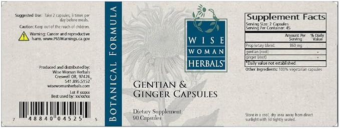 Wise Woman Herbals – Gentian & Ginger Capsules - All-Natural Digestive Function Support Supplement for Normal Healthy Digestion, Natural Aid for Occasional Upset Stomach, Acid Indigestion and Gas