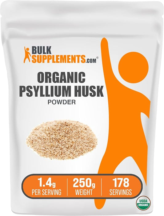 BulkSupplements.com Organic Psyllium Husk Powder - Psyllium Husk Fiber, Fiber Supplement, Nutritional Supplement - Gluten Free, 1.4g per Serving, 250g (8.8 oz) (Pack of 1)