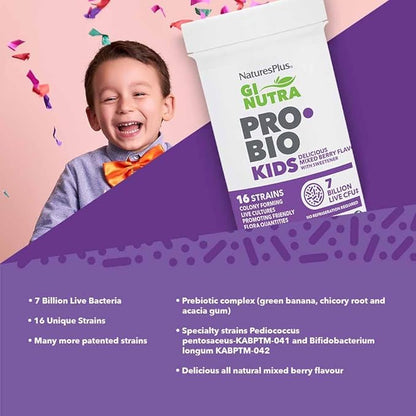 Natures Plus GI Natural Probiotic Kids, Mixed Berry - 30 Chewables - Digestive & Immune Health Just for Kids - Gluten Free - 30 Servings