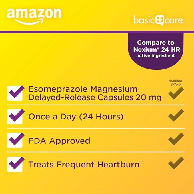Amazon Basic Care Esomeprazole Magnesium Delayed Release Capsules, 20 mg, Acid Reducer, Heartburn Medicine, 42 Count