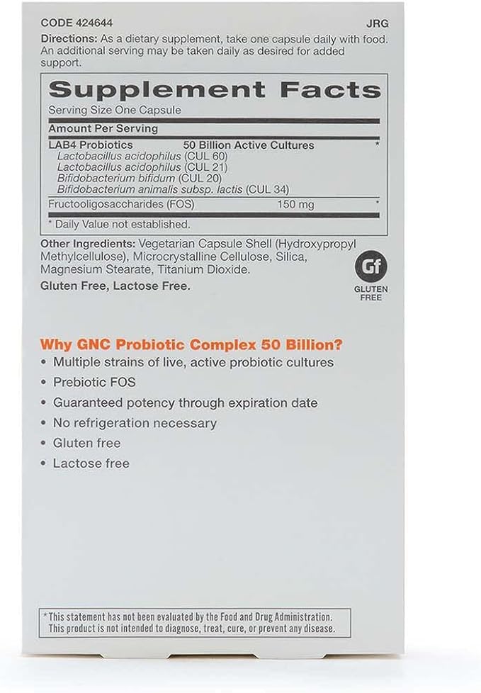 GNC Probiotic Complex Daily Need Supplement, Provides Digestive and Immune Support, 50 Billion CFUs, 60 Vegetarian Capsules, 60 Servings