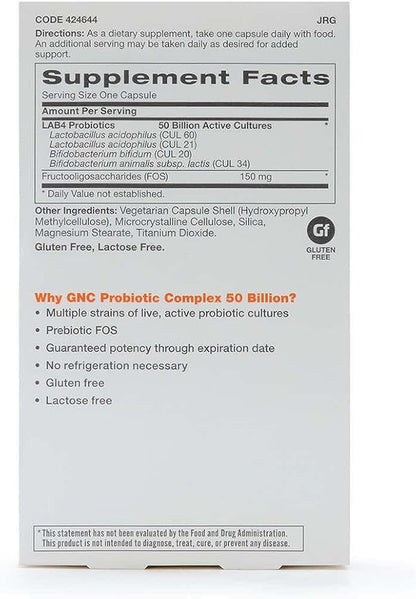 GNC Probiotic Complex Daily Need Supplement, Provides Digestive and Immune Support, 50 Billion CFUs, 60 Vegetarian Capsules, 60 Servings