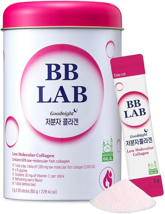 BB LAB Good Night Low Molecular Collagen Powder Stick Supplement, Halal Certified, Korean Marine Collagen, Fish Collagen Peptides, Vitamin C, Glycine, Fast Absorption, Mix Berry Flavor