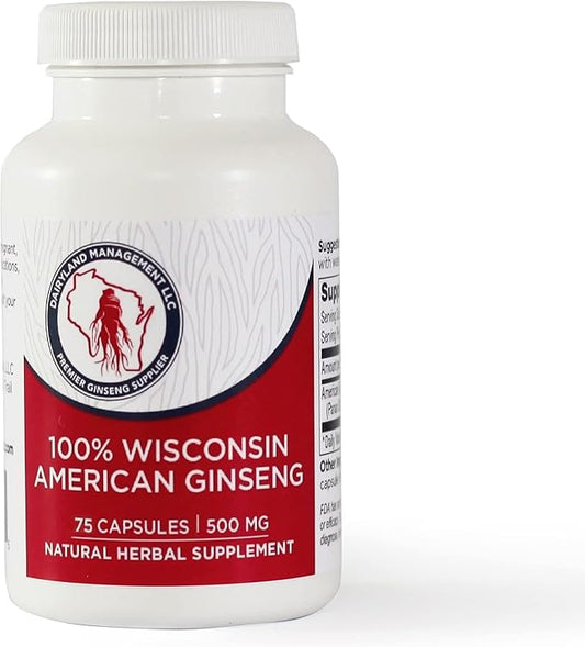 Dairyland American Ginseng Capsules, 75 ct (500 mg) – Authentic Wisconsin Ginseng Root Extract – Daily Herbal Supplement for Immune Support