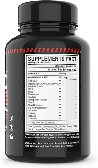 Nitric Oxide Supplement Booster Complex L Arginine 4000mg,L Citrulline, AAKG,Beet Root,Pre Workout Pills,Muscle Bulider,Growth,Pumps,180 Capsules