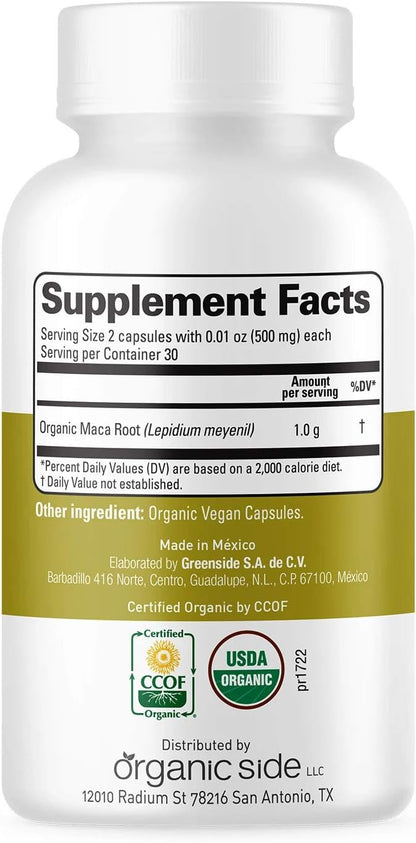 Organic Side | Maca Capsules | USDA Certified Organic, Non-GMO, Vegan | 60 Capsules for Energy | Hormone Balance, and Vitality | Natural Supplement