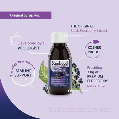 Sambucol Black Elderberry Syrup - Sambucus Elderberry Syrup for Adults Immune Support, Liquid Extract, Gluten Free - 4 Fl Oz (Pack of 6)
