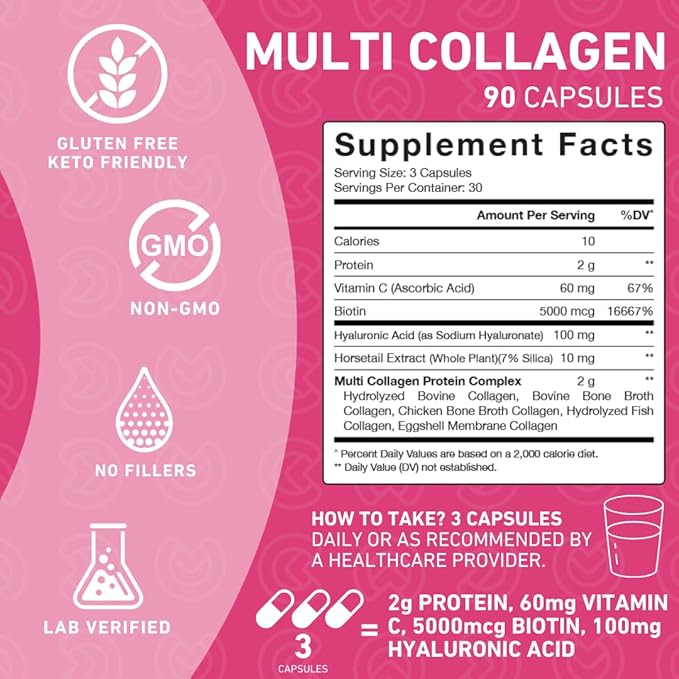 Collagen Peptides for Women – Type I, II, III, V & X with Biotin & Hyaluronic Acid, Supports Healthy Skin, Bones, Hair & Nails – Non-GMO, Grass-Fed, 90 Capsules (1 Month Supply)