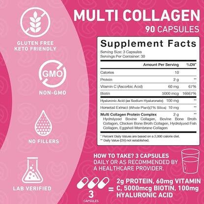 Collagen Peptides for Women – Type I, II, III, V & X with Biotin & Hyaluronic Acid, Supports Healthy Skin, Bones, Hair & Nails – Non-GMO, Grass-Fed, 90 Capsules (1 Month Supply)