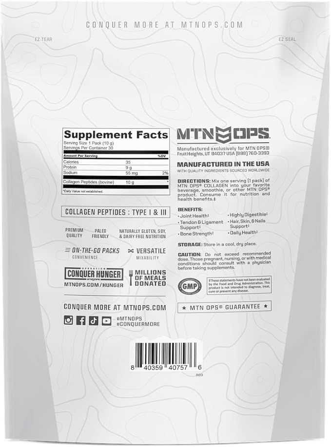 MTN OPS Collagen Protein Powder On-The-Go Packs, 30 Packs per Bag of Unflavored, Highly Digestible Protein with 9g of Protein per Serving