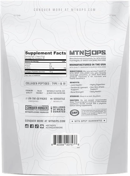 MTN OPS Collagen Protein Powder On-The-Go Packs, 30 Packs per Bag of Unflavored, Highly Digestible Protein with 9g of Protein per Serving